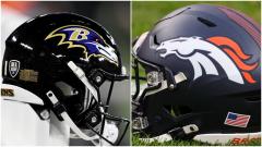 The Baltimore Ravens and Denver Broncos helmets lined up ahead of their NFL meeting